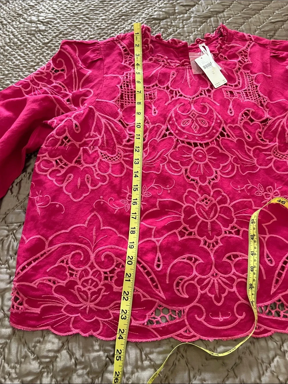 Anthropologie Fuchsia Pink Embroidered Long-Sleeve Blouse Size 14-16.